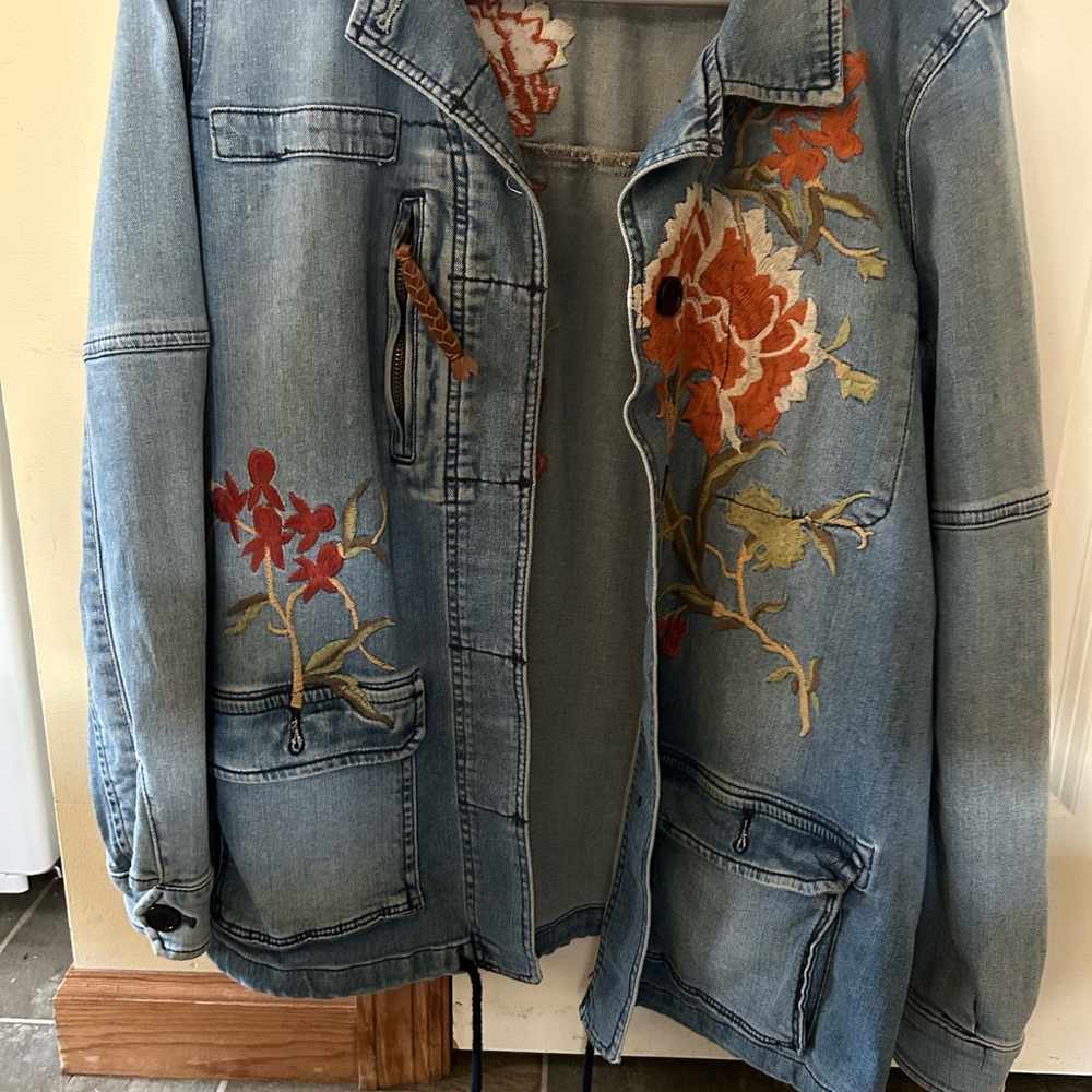 Anthropologie Blue Jean Jacket with Floral Embroidery